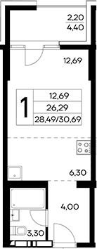 Студия, 28.49 м²