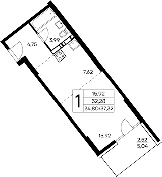 Студия, 34.8 м²