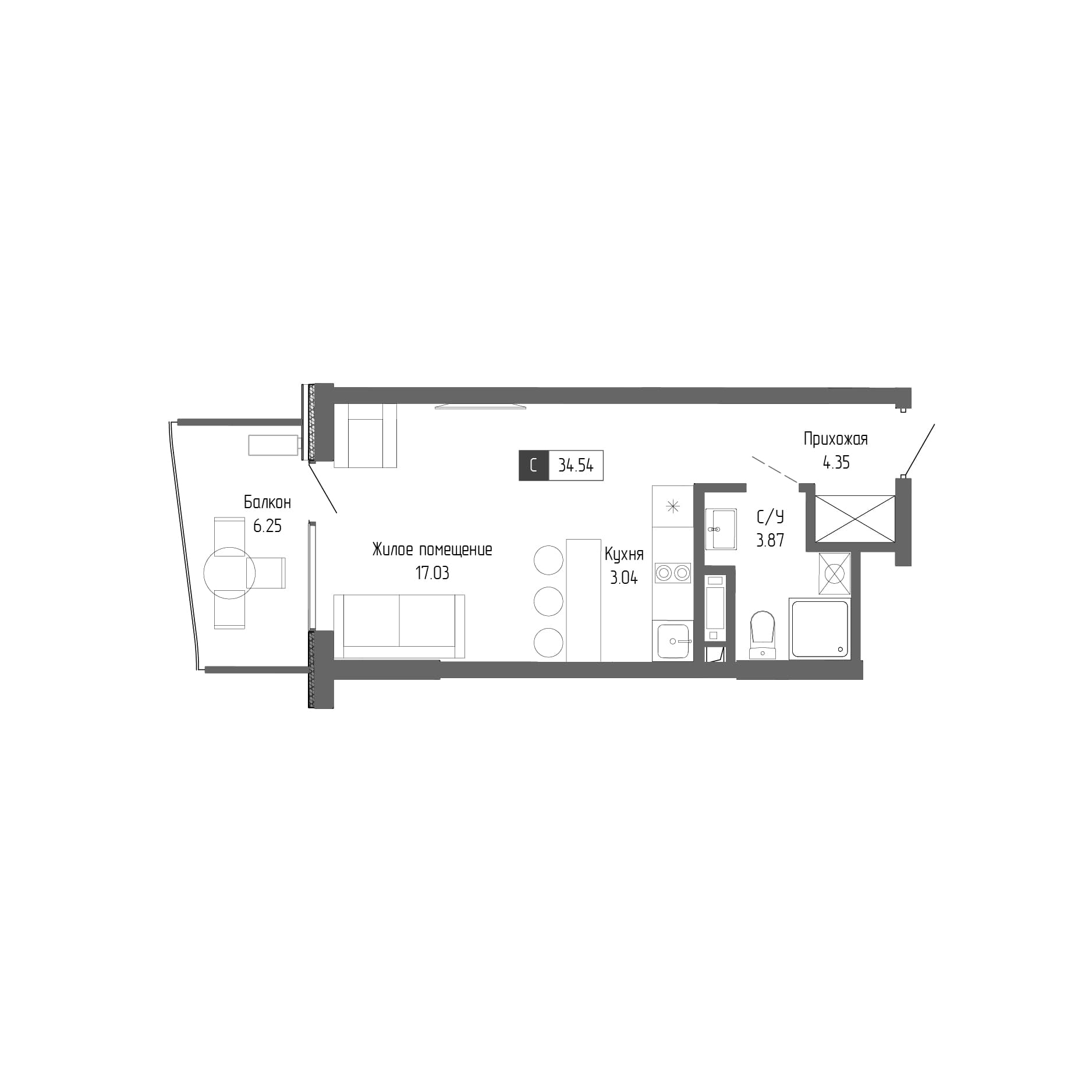 Студия, 28.29 м²