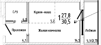 Студия, 27.8 м²