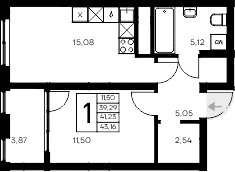 1-комн., 39.29 м²