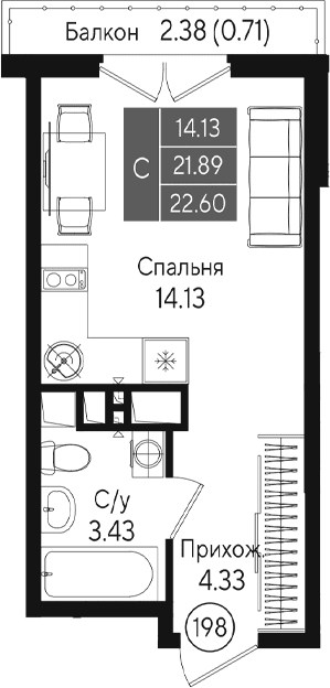 Студия, 21.89 м²