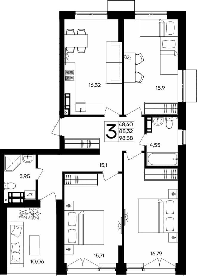 3-комн., 88.32 м²