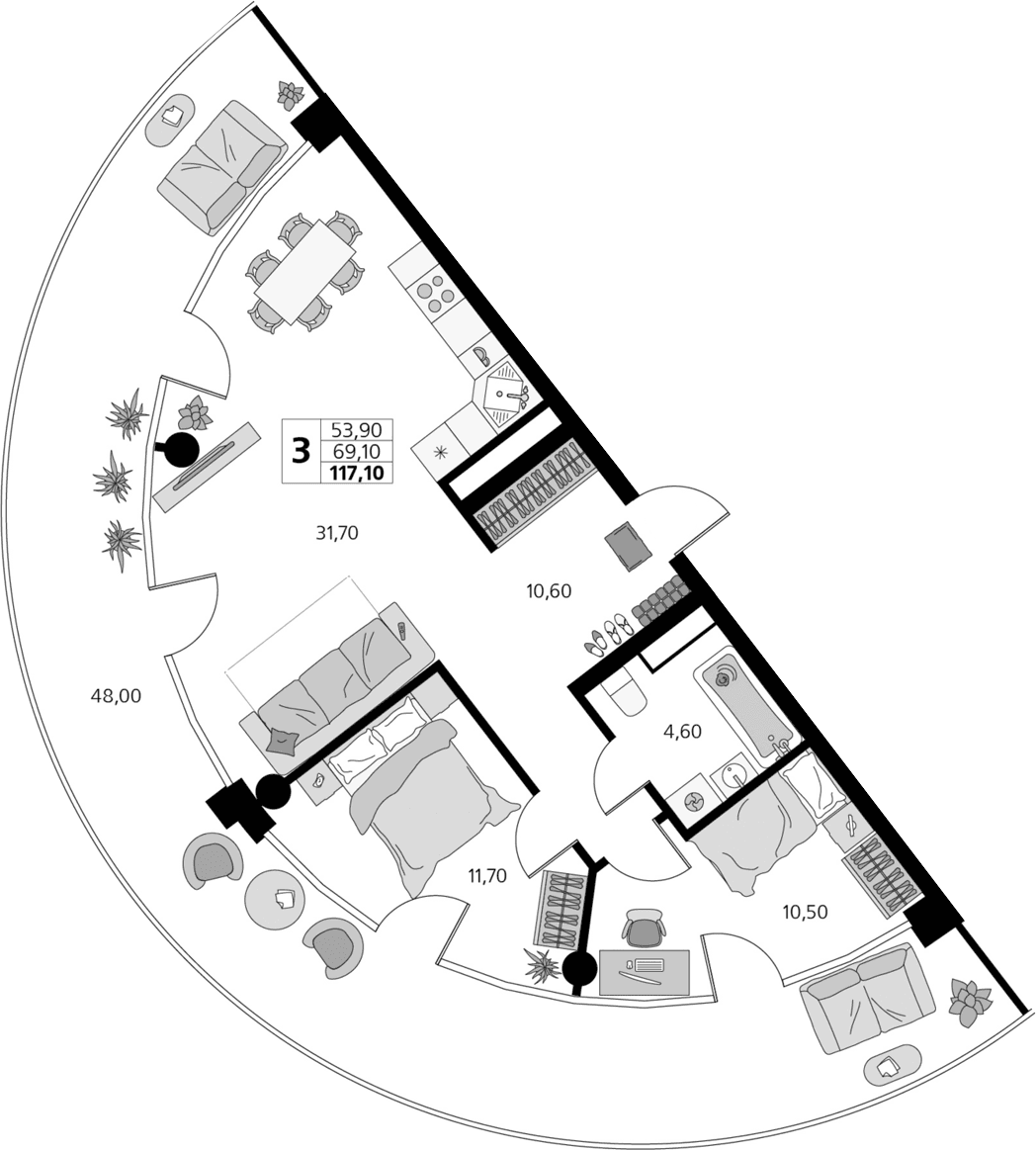 3-комн., 69.1 м²