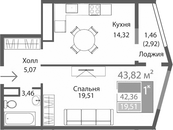1-комн., 42.36 м²