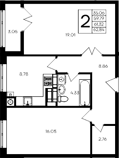 2-комн., 59.79 м²