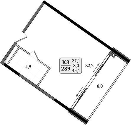Студия, 37.1 м²