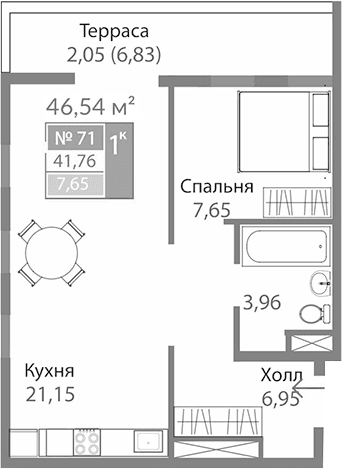 1-комн., 39.71 м²