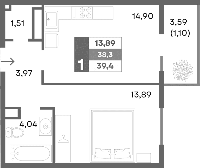 1-комн., 38.3 м²