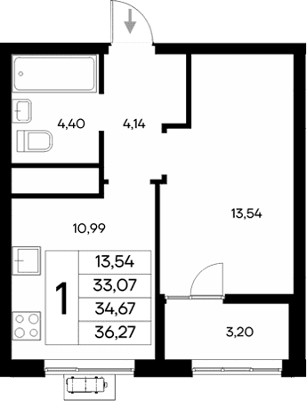 1-комн., 33.07 м²
