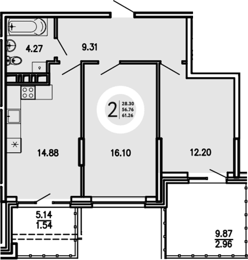 2-комн., 56.76 м²