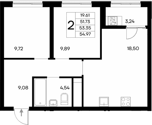 2-комн., 51.73 м²
