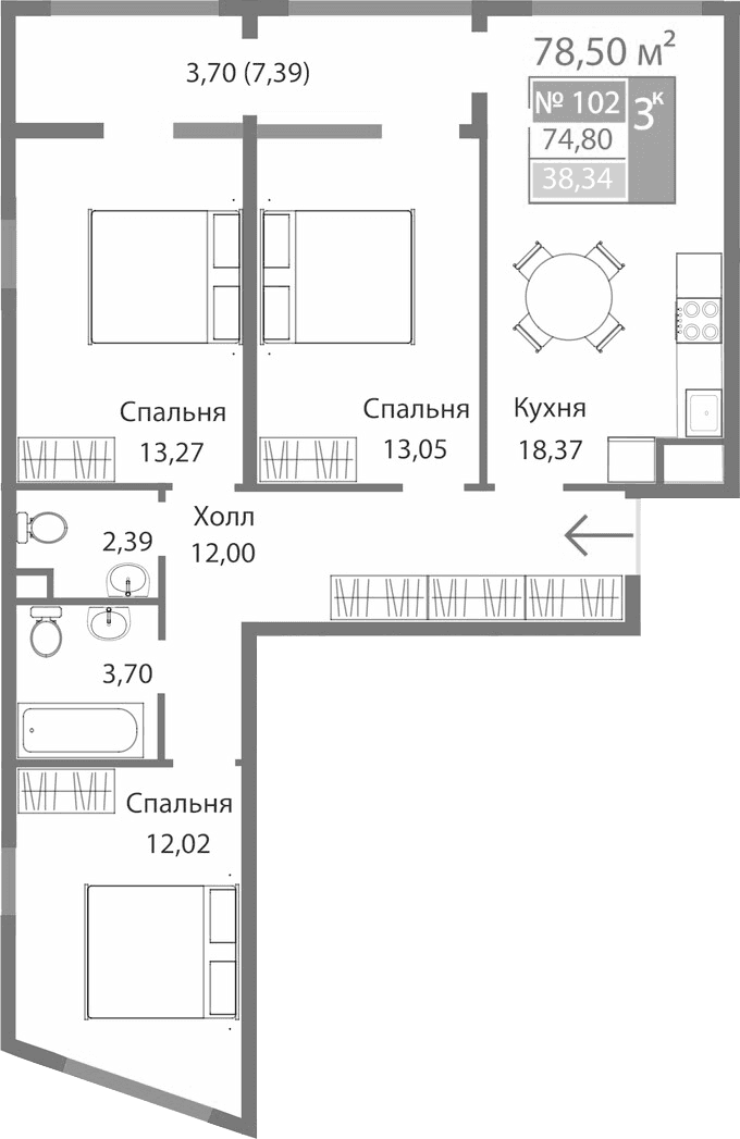 3-комн., 74.8 м²