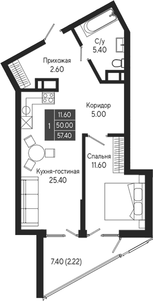 1-комн., 50 м²