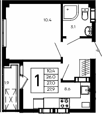 1-комн., 26 м²