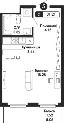 Студия, 29.69 м²
