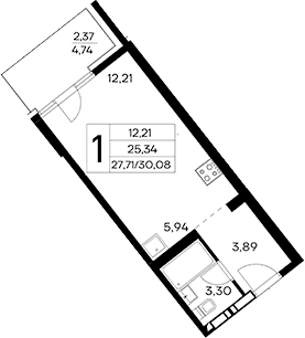 Студия, 27.71 м²