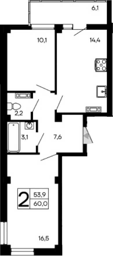 2-комн., 53.9 м²