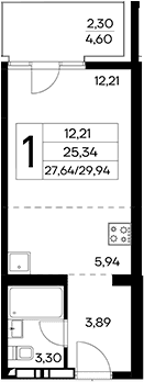 Студия, 27.64 м²