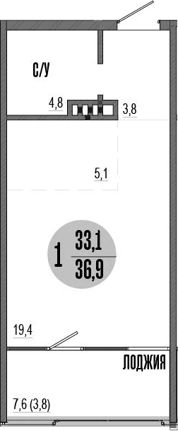 Студия, 33.1 м²