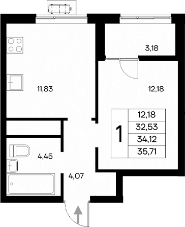 1-комн., 32.53 м²