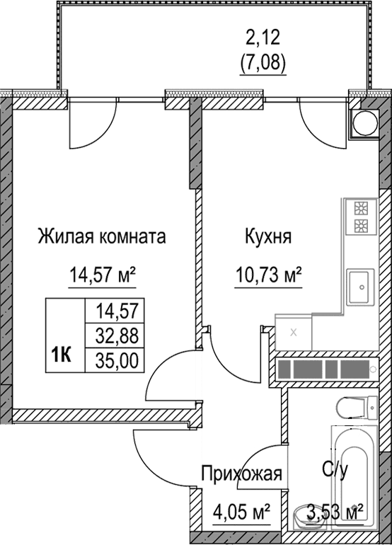 1-комн., 32.88 м²