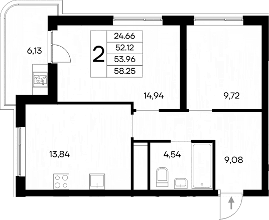 2-комн., 52.12 м²