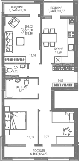 3-комн., 66.02 м²