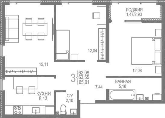 3-комн., 63.54 м²