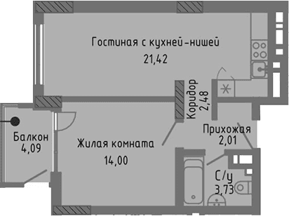 2-комн., 43.64 м²