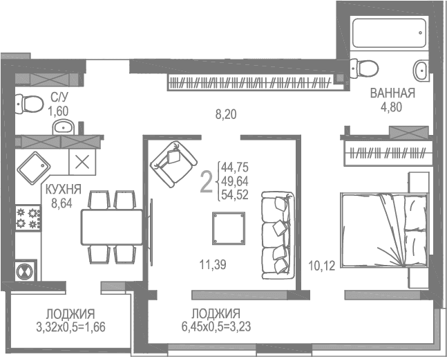 2-комн., 44.75 м²