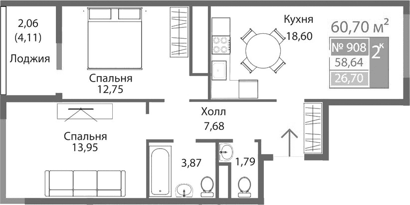 2-комн., 58.64 м²