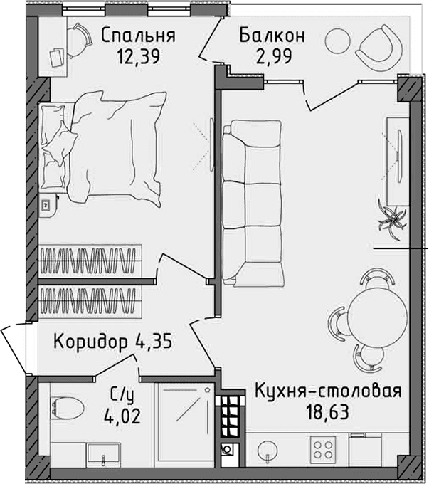 2-комн., 39.39 м²