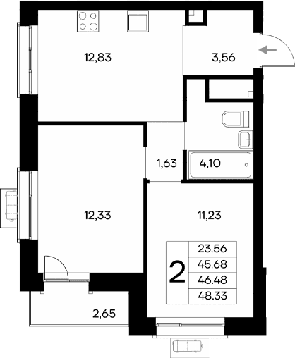 2-комн., 45.68 м²