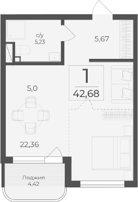 Студия, 38.26 м²