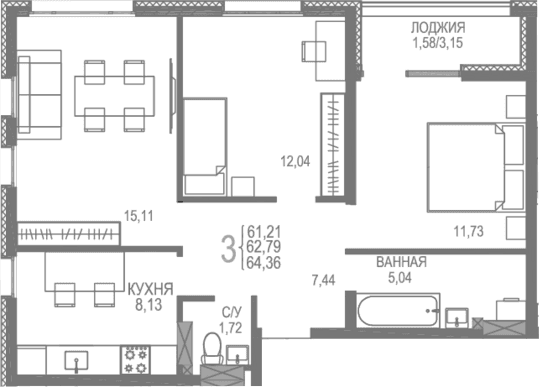 3-комн., 62.78 м²