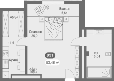 Студия, 44.87 м²