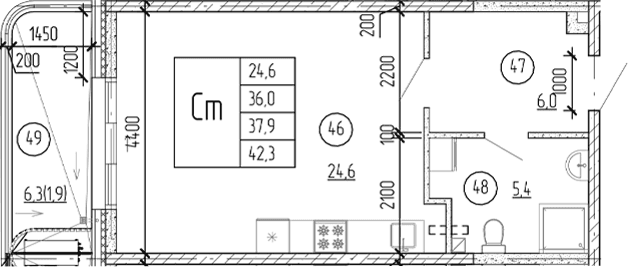 Студия, 40.4 м²