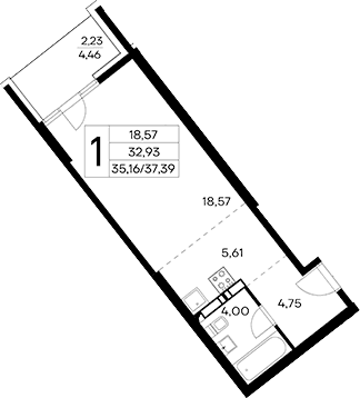 Студия, 35.16 м²