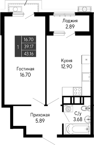 1-комн., 39.17 м²