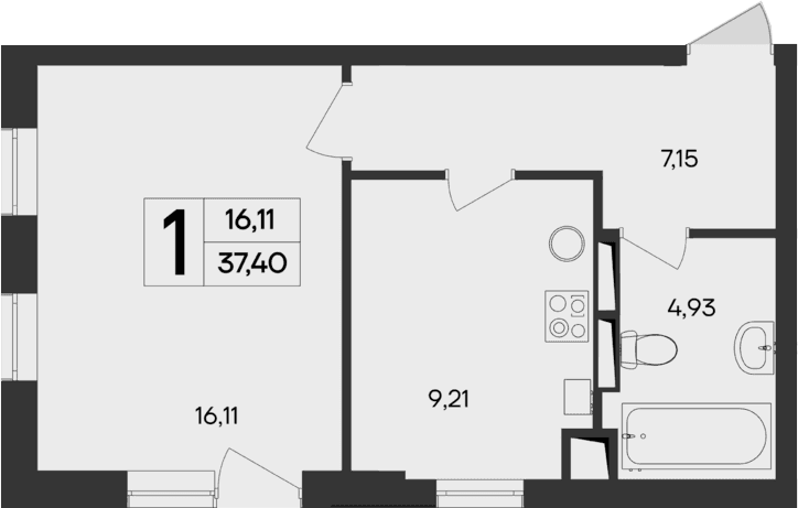 1-комн., 37.4 м²