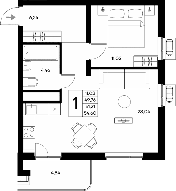 1-комн., 49.76 м²