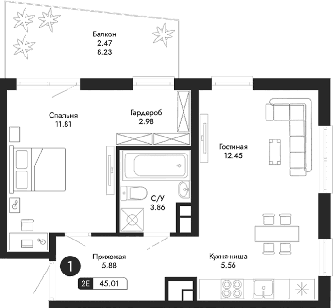 2-комн., 42.54 м²