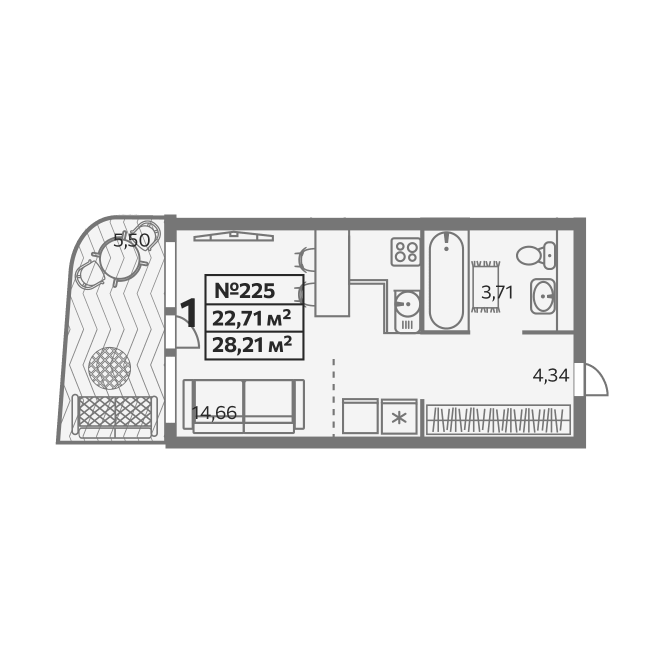 Студия, 22.71 м²