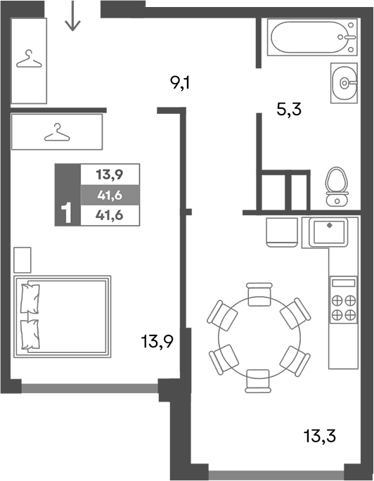 1-комн., 41.6 м²