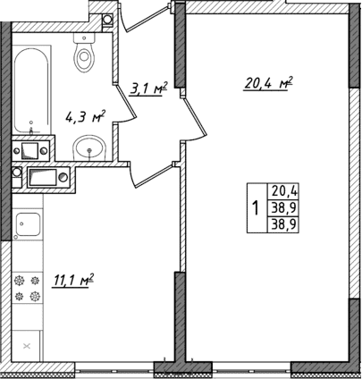 1-комн., 38.9 м²