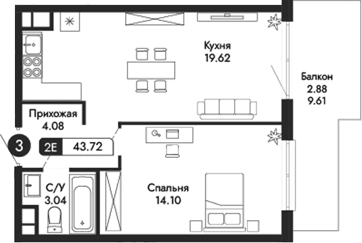 2-комн., 40.84 м²