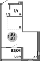Студия, 43.4 м²