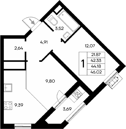 1-комн., 42.33 м²