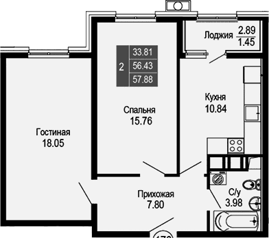 2-комн., 56.43 м²